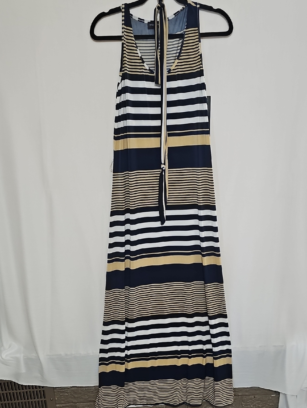 Mlle Gabrielle Navy, White & Gold Striped Sleeveless Maxi Dress Belt NWT